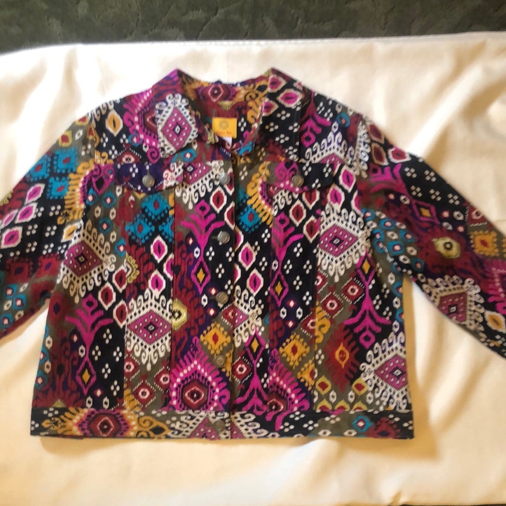 Colorful Print Jacket boho Denim Jean Jacket.  Size 16